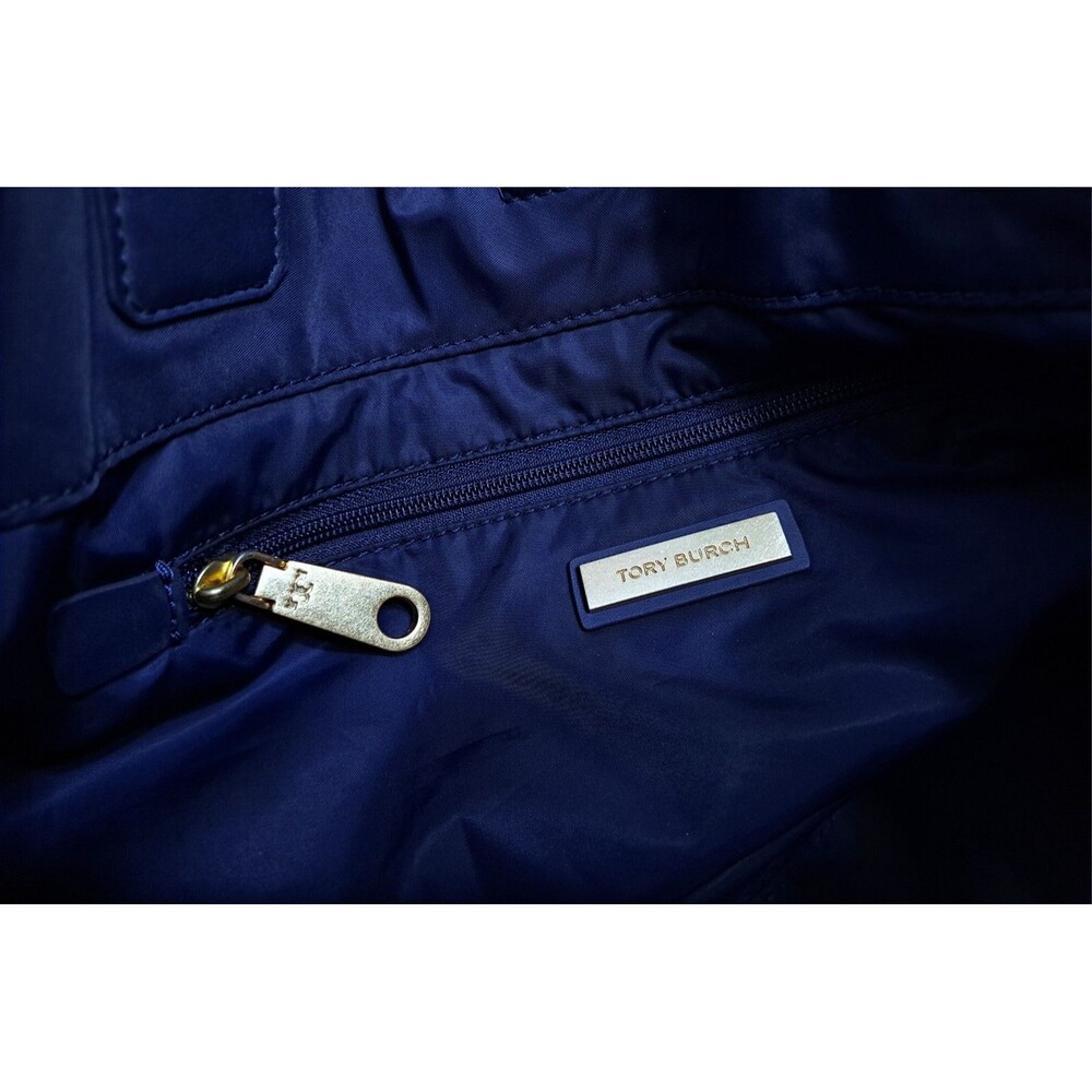 Tory Burch Ella Nylon Leather Logo Tote Bag Blue Shoulder - Picture 10 of 10